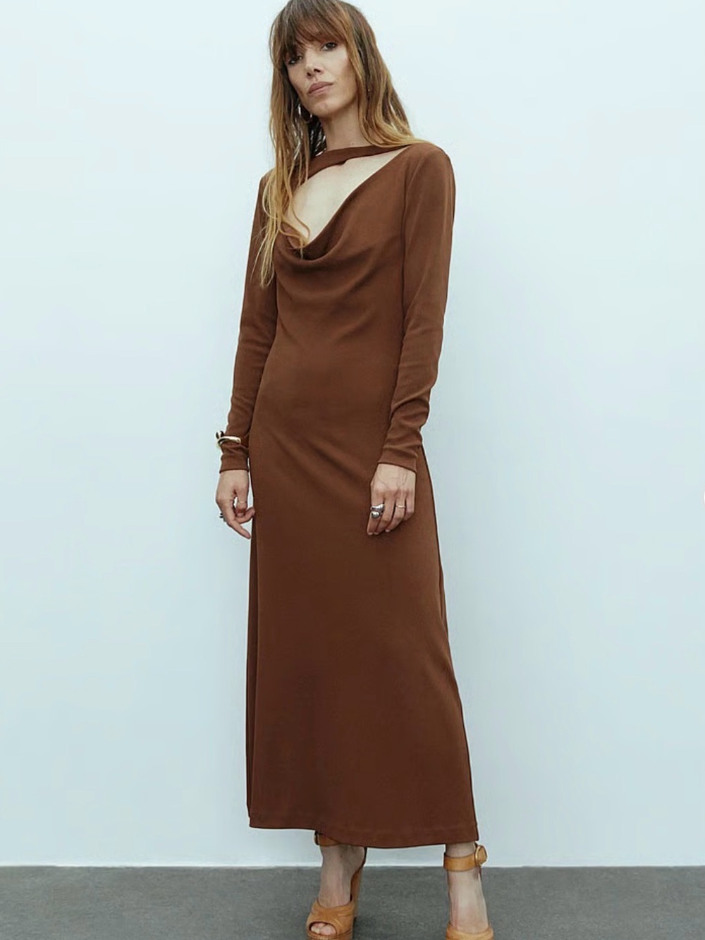 Women's Long Sleeve Brown Cowl Neck Maxi Dress size M NWT